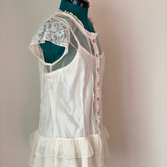 White Babydoll  Rhinestone button-up silk blouse L - Picture 5 of 10